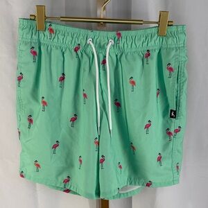 Hollister Men's Green with Pink Flamingo Print 5 inch Swim Trunks Shorts - Small